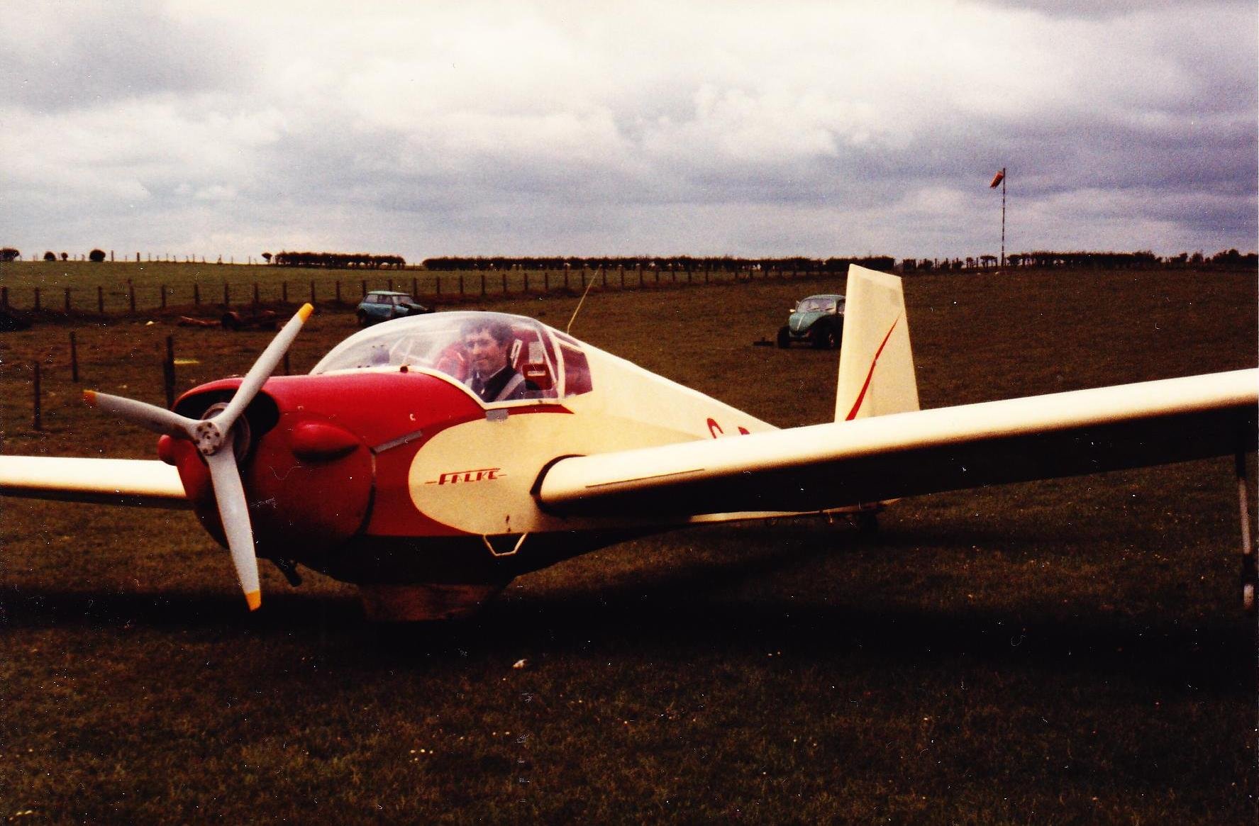 Falke motorglider at Strathaven Airfield, 1980, roughly where the new hangar is.